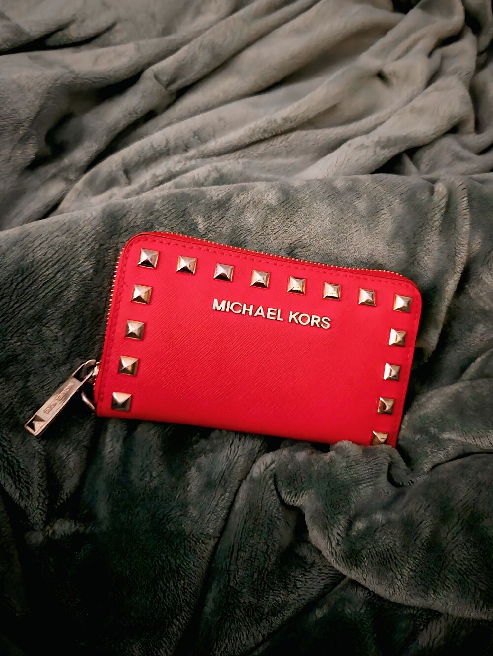 Michael Kors Red Pyramid Stud Zip Wallet - Selma - Excellent Used Condition